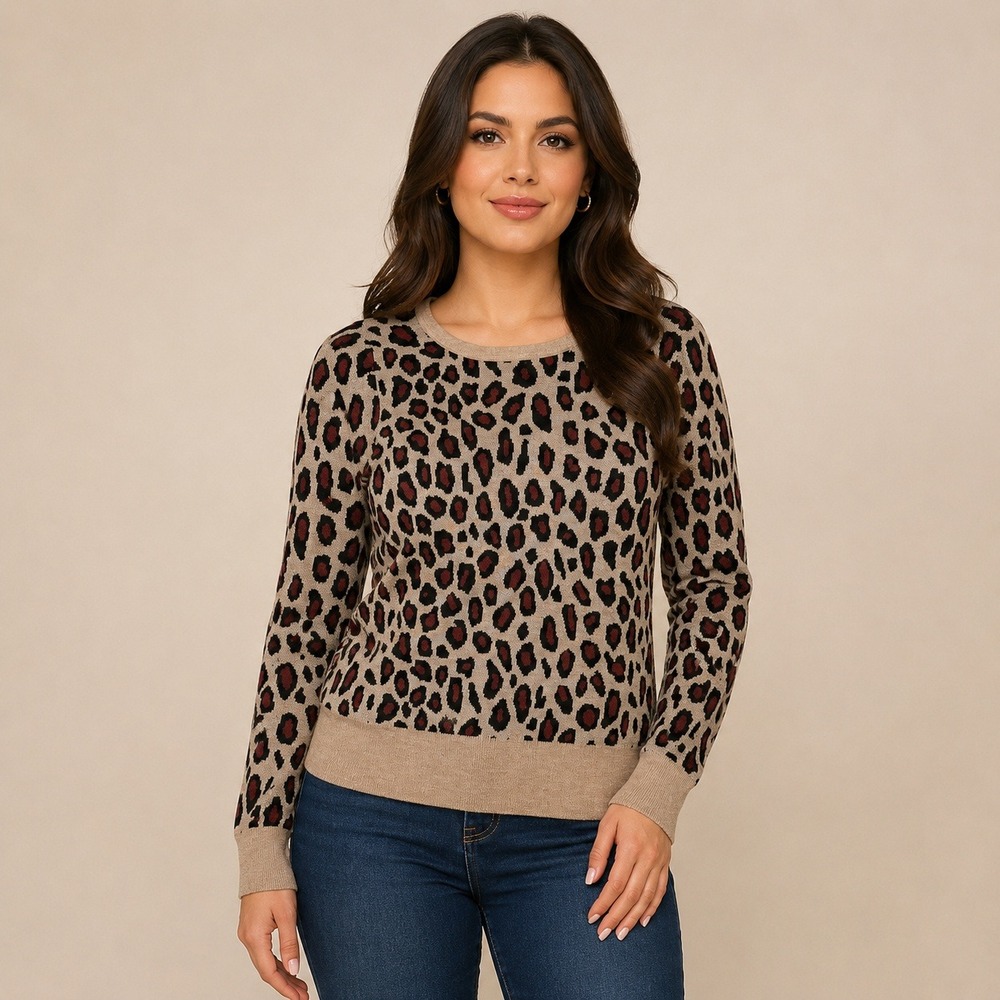 Ann Taylor Sweater Womens Size S Tan Leopard Animal Print Wool Blend Crewneck